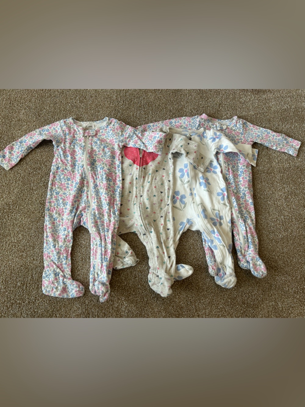 Carter's Floral & Heart Print Footed One-Piece Sleepers - Pink, Cream, Blue